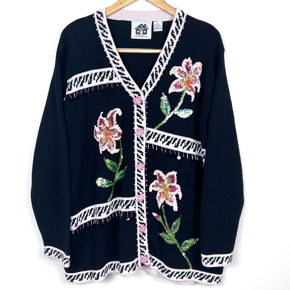 Vintage 90’s Y2K Storybook Knits Lillies Of The Night Sequin Sweater Cardigan - Picture 2 of 16